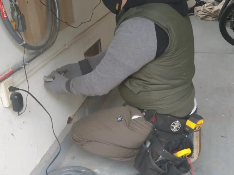 Electrician performing outlet wiring in a Waller garage